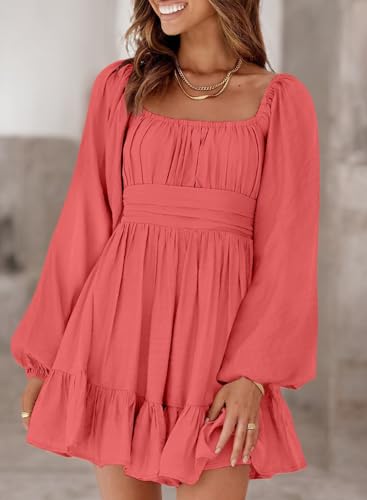 Image of Dokotoo Womens Dress Lantern Sleeve Elastic Waist Tie Backless Mini Dress | Square Neck,Off Shoulder,Flowy,Ruffle A-Line,Casual,Mini Dress,Beach Vacation Clothes,Fall Outifits,Wedding Guest,Boho
