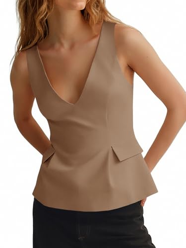 Tankaneo Womens Deep V Neck Suit Vest Peplum Summer Trendy Sleeveless Fitted Blazer Tank Tops Business Casual Blouses