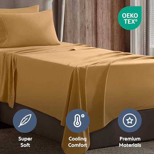Image of Nestl Twin Bed Sheet Set - Camel Gold - 3-Piece Deep Pocket | Instantly Soft, Night-One Ready (No Wash Required). Fits 16-Inch Deep Pockets, 360-Degree Elastic Grip