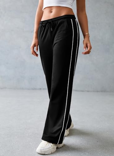 Herseas Women's 2 Side Stripes Sweatpants Wide Leg Pants Casual Drawstring Lounge Pants3