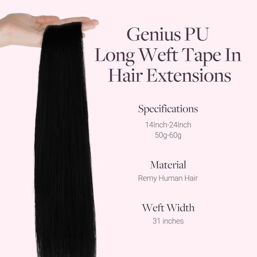 Image of GOO GOO Tape In Weft Hair Extensions Human Hair, Genius PU Long Weft Tape In Hair Extensions Real Human Hair, Silky Easy to Use, 1 Jet black 24 inch 60g