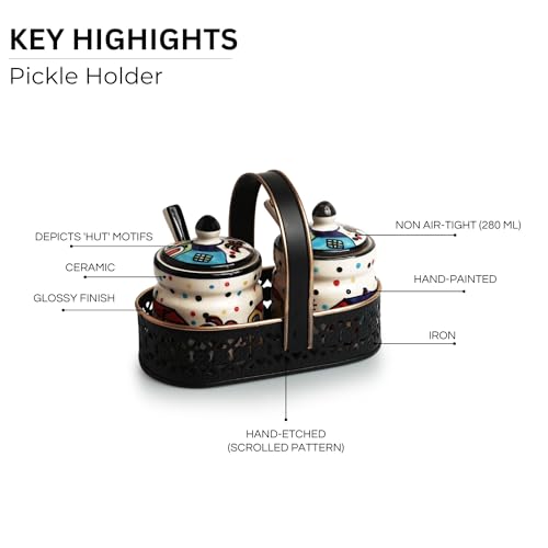 Image of ExclusiveLane 'The Hut' Ceramic Pickle Jars for Dining Table Jars With Spoons & Iron Holder (Non Air-Tight,Set Of 2,280 ml,Multicolor) | Ceramic Jars for Kitchen Storage Pickle Jar for Storage