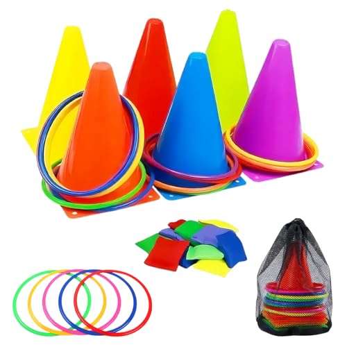 36 Stück Ringwurfspiel 3 in 1 Karnevalskombinations Wurfspiel mit Sitzsäcken Kunststoffreifen Kegelmarkern und Tragetasche Sackhüpfen Outdoor Spiele für Kinder