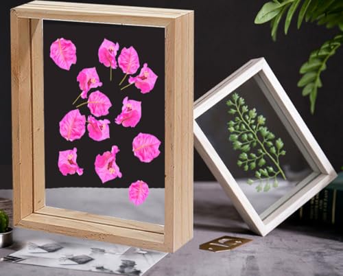 Image of Desi Rang Wooden Rectangular Frame For Wall Decor Table Top Hanging Any Green Or Dry Plant Leaf Picture Photo DIY Gift Home Decoration (Natural,Rec,7.7X5.5 Inch,With Pink Flower)