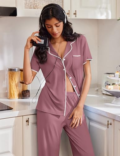 Image of Ekouaer Pajamas for Women Set Button Up Soft Pjs Short Sleeve 2 Piece Lounge Sets Comfy Sleepwear