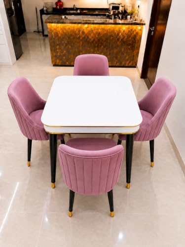 Image of WOODEN SPACE 4 Seater Wooden Dining Table Set | Urban Marble Top Dining Table with Chairs for Dining Room & Kitchen (Modern Infinity Backline Pink) (42 x 42 x 30 inch)