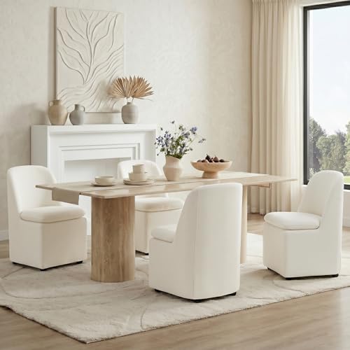 KISLOT Upholstered Dining Chairs Set of 4 with Hidden Casters Modern Kitchen Chairs with Removable Washable Cover Padded Dining Room Chairs with Chenille Velvet Fabric & Metal Frame Beige