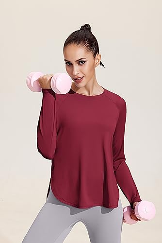 PINSPARK Womens UPF 50+ Sun Shirts Long Sleeve Running Workout Shirts High Low Hiking Athletic Top Lightweight Activewear,Wine Red XL