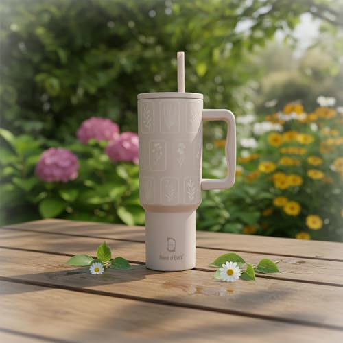 Image of House of Quirk 1200ML Stainless Steel Tumbler with Handle & Lid, 2 Straws - Large Travel Mug Water Cup for Gym, Office & Outdoor Use (Oat Flora)