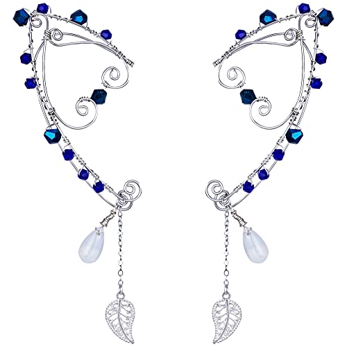 FRESHME Handmade Silver Wire Wrapped Elf Ear Cuffs with Blue Crystal Sterling Leaf and Glass Teardrop Vintage Tassel Dangle Earrings Non Pierced Ear Cuffs for Women Girls Cosplay Costume Accessories