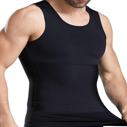 Image of Men's Compression Shirt 2-Pack Slimming Body Shaper Black Undershirt Vest Sleeveless Tummy Control Tank Top for Weight Loss Gym Workout Fitness and Everyday Wear