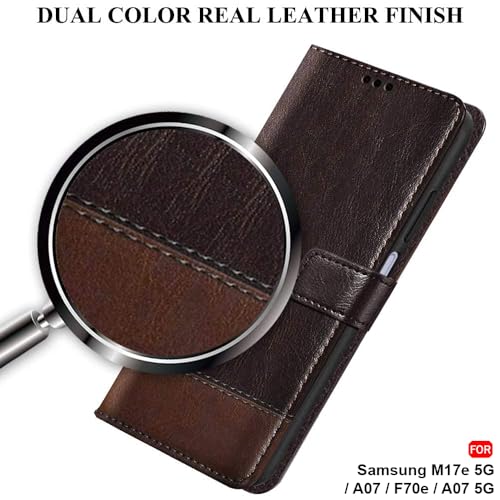 Image of TheGiftKart Flip Back Cover Case for Samsung Galaxy M17e 5G / A07 / F70e / A07 5G | Dual-Color Leather Finish | Inbuilt Stand & Pockets | Wallet Style Flip Cover Case (Faux Leather, Coffee & Brown)