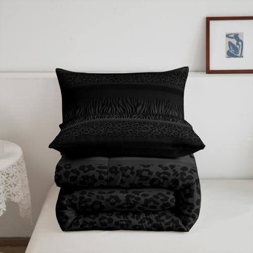 Image of Feelyou Boys Girls Black Gray Leopard Print Comforter Set King Size, Zebra Stripes Bedding Set Kids Animal Skin Duvet Insert Teens Bedroom Decor with 2 Pillow Case