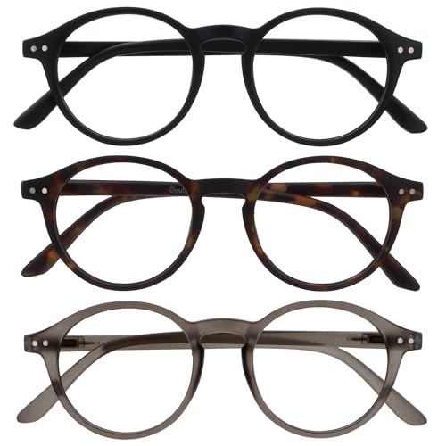 OPULIZE REY Reading Glasses - 3-Pack - Retro Round Frame - Matt Black, Brown Tortoiseshell, Grey - Mens Womens - Spring Hinges - RRR56-127 - +1.50