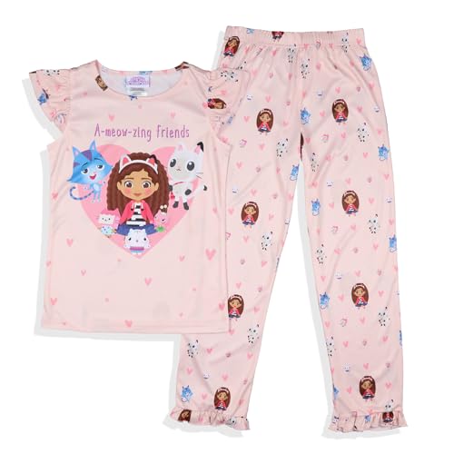 INTIMO Gabby's Dollhouse Girls' A-Meow-Zing Friends 2-Piece Ruffle Short Sleeve Pant Pajama Sleep Set2