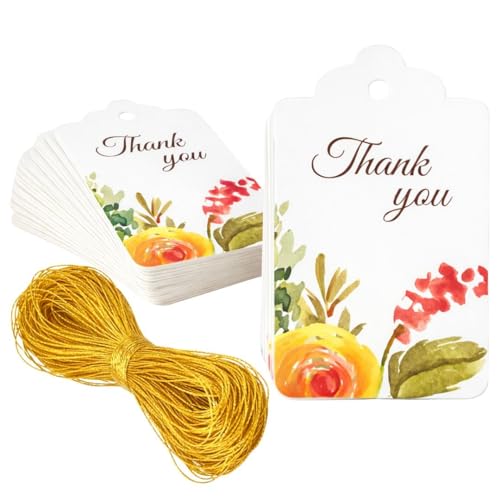 Image of CVANU Floral Thank You Gift Tags (Set of 100), Elegant Flower Design (D11) Hanging Tags with Gold String for Wedding Return Gifts & Small Business Packaging (2.85 x 1.7 Inch)