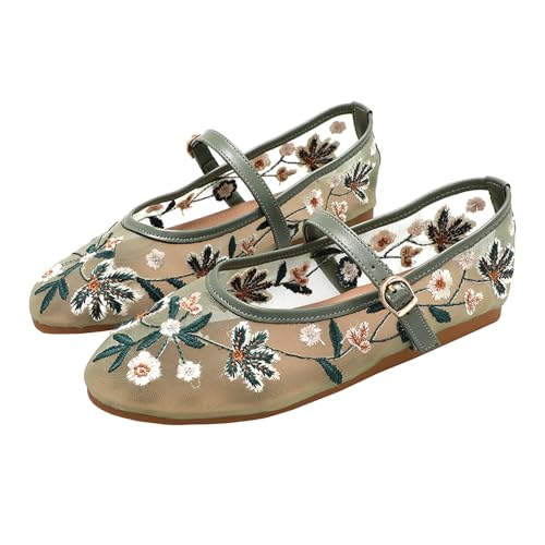Embroidered Mesh Ballet Flats Shoes for Women Dressy Round Toe Summer Casual Mary Janes Floral Ballerina Flats with Strap