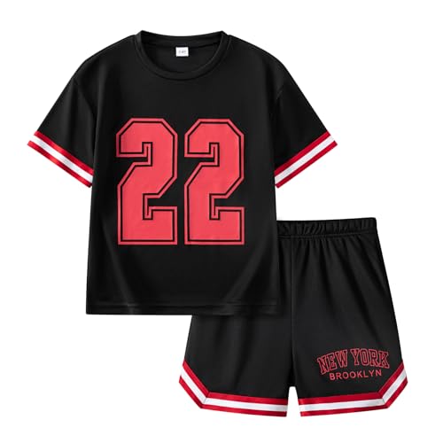 SISTERBRO Boys Shorts Sets 2-Piece Outfit Summer Clothes Casual Sports Top & Mesh Clothes Shorts Size 9-10Years(Black)