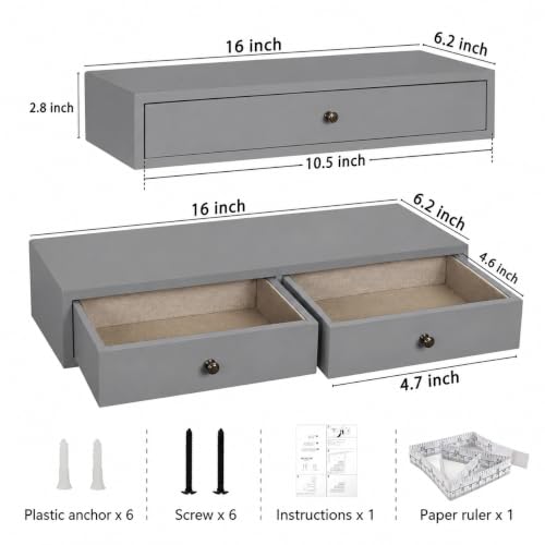 Image of Wood Floating Wall Mounted Drawers on a Floating Shelves with Drawers for Bedrooms, Living Rooms, and Displays Two Vintage Bedside Shelves (Pine) Wood (Grey)