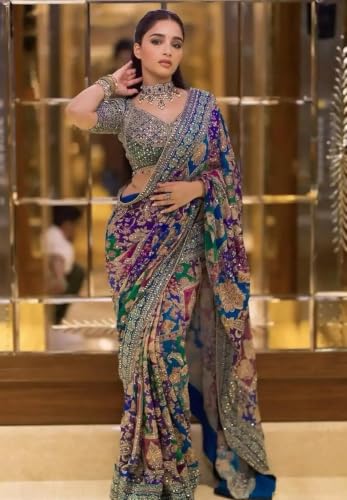 Image of Women's Blue Green Pink Multicolored Ajrak Digital Prined Real Mirror And Latkan Worked Saree With Blouse