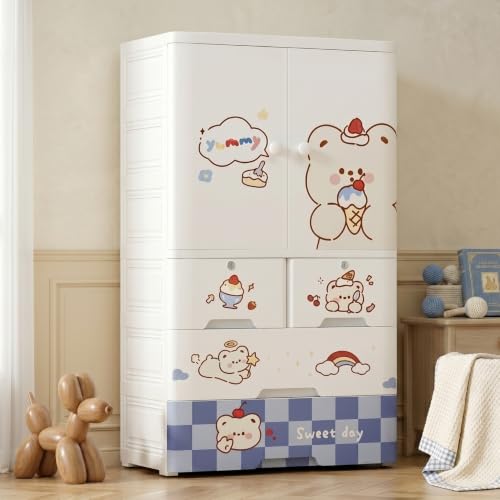 Image of StarAndDaisy Kids Wardrobe /Multifunctional Collapsible Plastic Wardrobe /Almirah for Kids- Storage Cabinet - Dustproof Baby /Wardrobe Organizer for Clothes, Toys -Cake Bear