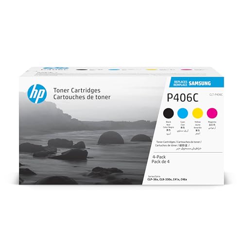 Samsung CLT P406C, SU375A, Negro, Cian, Magenta y Amarillo, Cartuchos Tóner Originales, Pack de 4, de 4.500 páginas, compatible con impresoras Samsung LaserJet Color Serie CLP 365, CLX 3300 y CLX 3305
