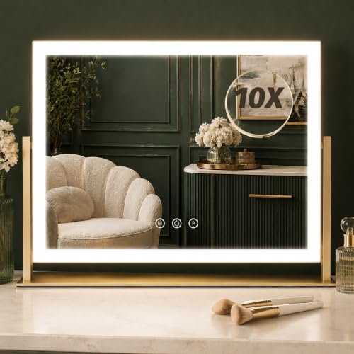 Image of FENNIO Vanity Mirror with Lights 13'' x 17'' Makeup Mirror with Lights,Vanity Mirror Touch Screen with 3-Color Lighting,Dimmable,for Vanity Desk Bedroom Gold