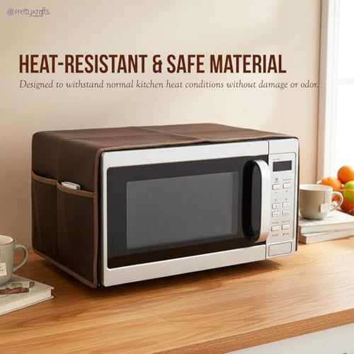 Image of PrettyKrafts Microwave Oven Top Cover with 4 Utility Pockets | Non-Woven Fabric Dustproof & Decorative Microwave Cover | Kitchen Appliance Protector (Brown, Free Size)