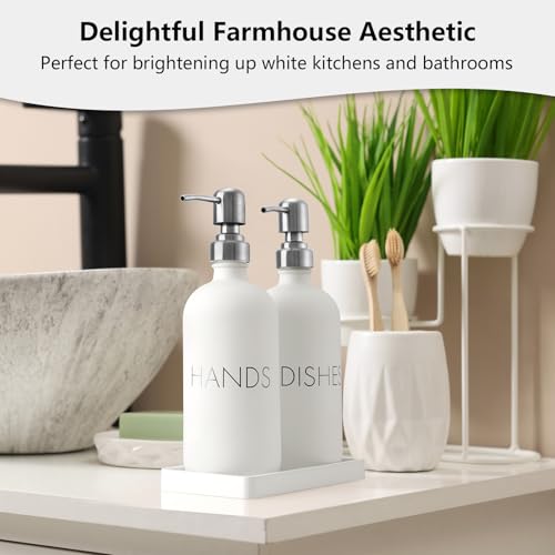 White Dish and Hand Soap Dispenser Set - Glass Kitchen Soap Dispenser with Tray and Stainless Steel Pump - for White Kitchen Decor and Accessories by GCWSTJK - Image 7