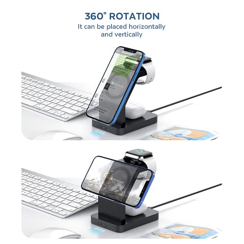 Image of Sevenaire MagCharge D1870 3 in 1 Wireless Charger | Mag-Safe |Charging Dock| 23W Fast Charge| Compatible with Mag-Safe for iPhone 16 to 12 Series | iWatch 10,9,Ultra,8,7,SE,6,5,4 | Air-Pods (BLK)