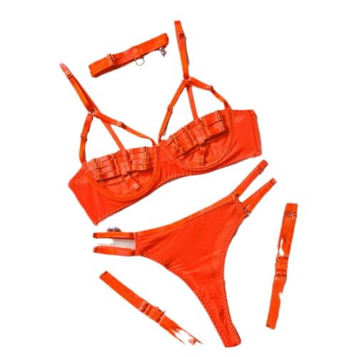 Liyinco Sexy Lingerie Set For Women, 5-Piece Sexy Costume Hollow Underwear Sensual Open Front Bra Outfits Sexy Strappy Seductive Lingerie,orange,S