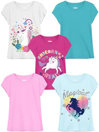 Image of QWE 5 Pack Girls Shirts Cotton Short Sleeve Shirts for Girls Graphic Kids Tops Tees Clothes Summer T-Shirts 5-12Y