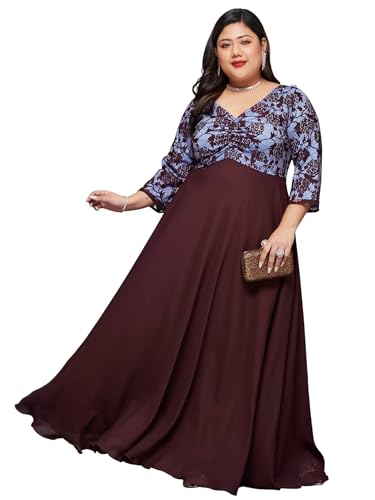 Image of Miss Chase A+ Women's Floral Printed Relaxed Fit V -Neck 3 /4Th Sleeve Georgette Maxi Dress