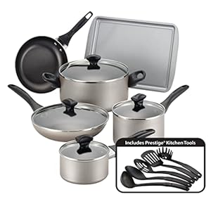 Farberware Dishwasher Safe Nonstick Cookware Pots and Pans Set, 15 Piece, Champagne