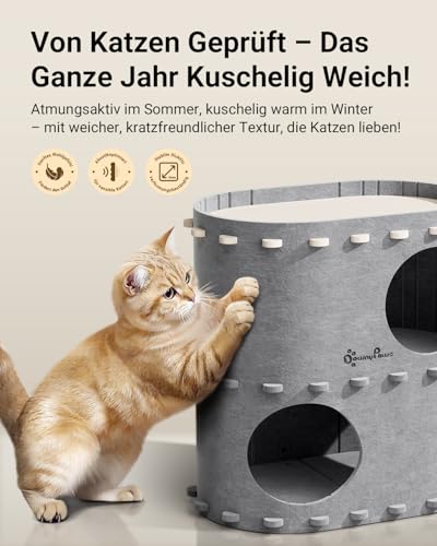 DownyPaws Katzenhöhle aus Filz, 2-stöckige Katzenbett, 50 x 33 x 50 cm Schloss Katzenhaus zum Spielen, Warmes Design, Schutz der Katzennägel, Grau