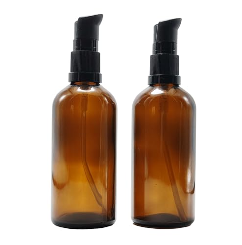 2Pcs (100ml/ 3.4oz) Amber Glass Empty Pump Press Bottles with Cap Refillable Portable Bottle Vial Case Makeup Pot Jar Travel Sub Bottling for Lotion Essence Emulsion Essence Serum Shampoo
