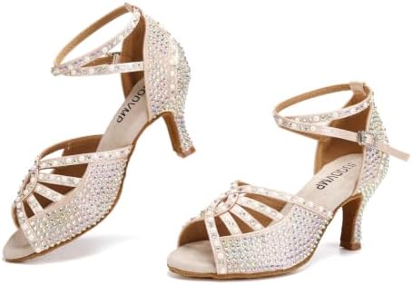 JUODVMP Women's Latin Dance Shoes Rhinestones Satin Ballroom Dance Shoes Salsa Professional Dance Shoes,Model 430,3 inch Heel,Nude,6.5 US — view 2