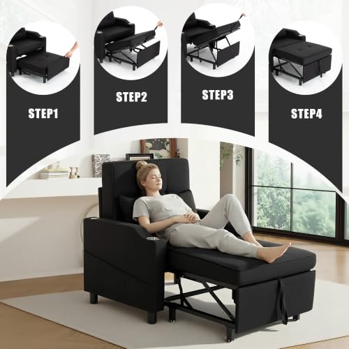 Image of Sleeper Chair,Single Armchair Sofa with Pillow,Adjustable Backrest Recliner Sofa Modern Pull Out Couch Bed with USB Port Cup Holder Side Pocket for Living Room Bedroom(Black)
