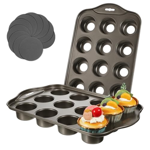 Yuanan 2 Pack 12 Cups Muffin Pan Mini Nonstick Cheesecake Pans Carbon Muffins Pan with Removable Bottom 13 X 8 Inch Muffin Cheesecake Mold Mini Cheesecakes Molds Nonslip Muffins Pans Baking Supplie