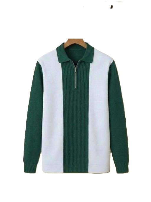 Men’s Modern Color-Block Quarter-Zip Polo Sweater | Long Sleeve Ribbed Knit Pullover | Cotton Blend | Black & White Multi 3 S-picture-22