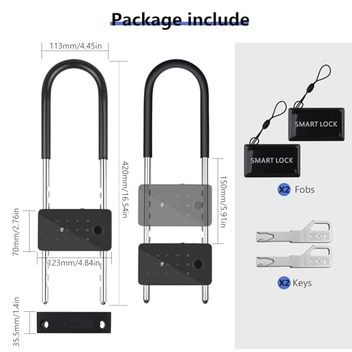 Long Shackle Padlock U Lock Bike Gate Combo U-Lock Adjustable Shackle, Lock with Fingerprint, Keypad Code, App Control, Auto Lock- Suitable for Bicycles, Glass Doors - image 3