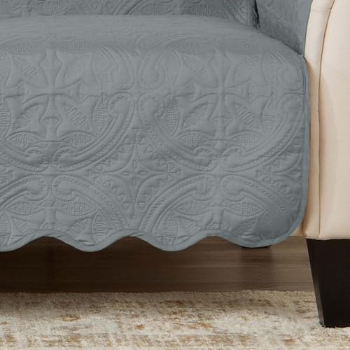 Image of Great Bay Home Reversible Sofa Cover - Washable Slipcover Furniture Protector with Elastic Straps - Perfect for Kids & Pets - Quilted & Stitched Detail (Mirage Gray /Flax)