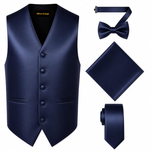 Image of Oliver George 4pc Men's Solid Formal Suit Waistcoat Tuxedo Dress Vest Necktie Bowtie Handkerchief Set for Suit or Tuxedo