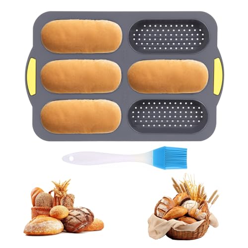 Baguette Backform aus Silikon, Mini Baguette Backblech, Hotdog Brötchenform mit Ölpinse, Silikonform Brotbackform, Antihaftbeschichtet Hot Dog Brötchen, Backform für Brötchen für Baguettes, Hot Dogs