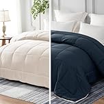 Whale Flotilla Reversible Duvet Double Size for All Seasons, 7.5 Tog Down Alternative Box Sitiched Comforter, Lightweight and Machine Washable Bedding Set, 200X200 cm, Navy,Brich Beige