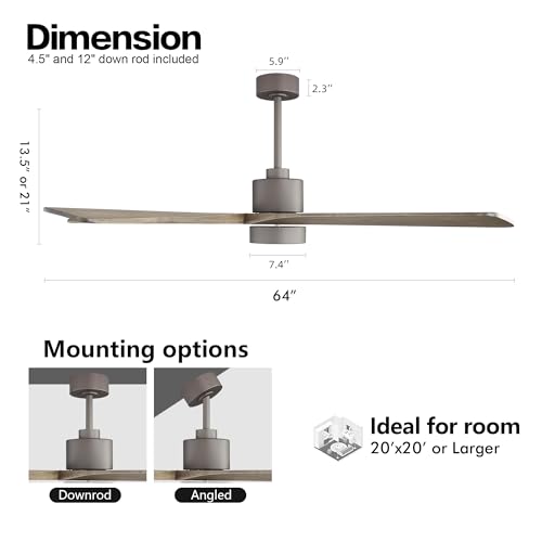 Image of WINGBO 64 Inch DC Ceiling Fan with Lights and Remote Control, 5 Reversible Carved Wood Blades, 6-Speed Noiseless DC Motor, Modern Ceiling Fan in Graphite Finish with Gray Blades, ETL Listed