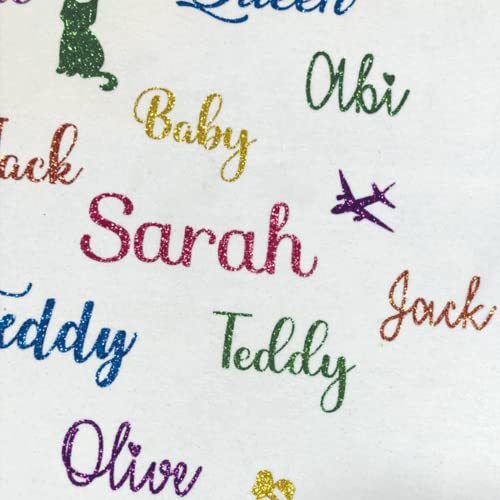 Personalised Glitter Iron On Name Label Heat Transferred Size 3, 5, 7cm T-Shirt Transfer Costume Design
