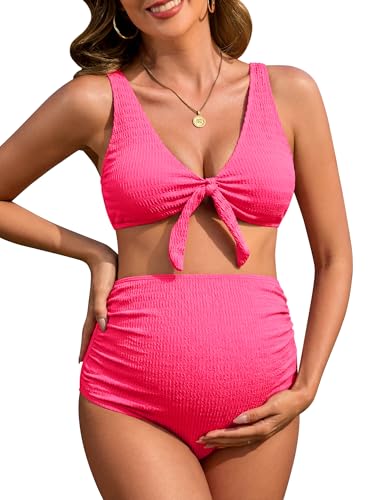 FEOYA Umstandsbikini 2-teilig, Hohe Taille Schwangerschaftsbadeanzug mit V-Ausschnitt, Weiche Atmungsaktive Bademode für Schwangere, XS-L