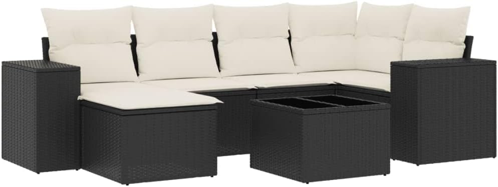 7-tig Garden Sofa Set Black and Cream White with Cushions Modern Design for Garden and Outdoor Patio