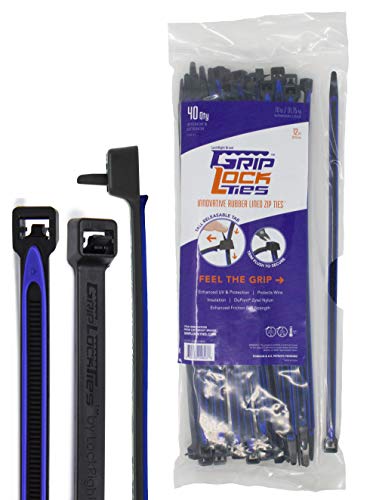 GripLockTies, Releasable, Re-Usable, Zip Ties, Industrial Grade, Extra Grip, Rubber Lined, Durable, 12 Inches Long (40, Blue)